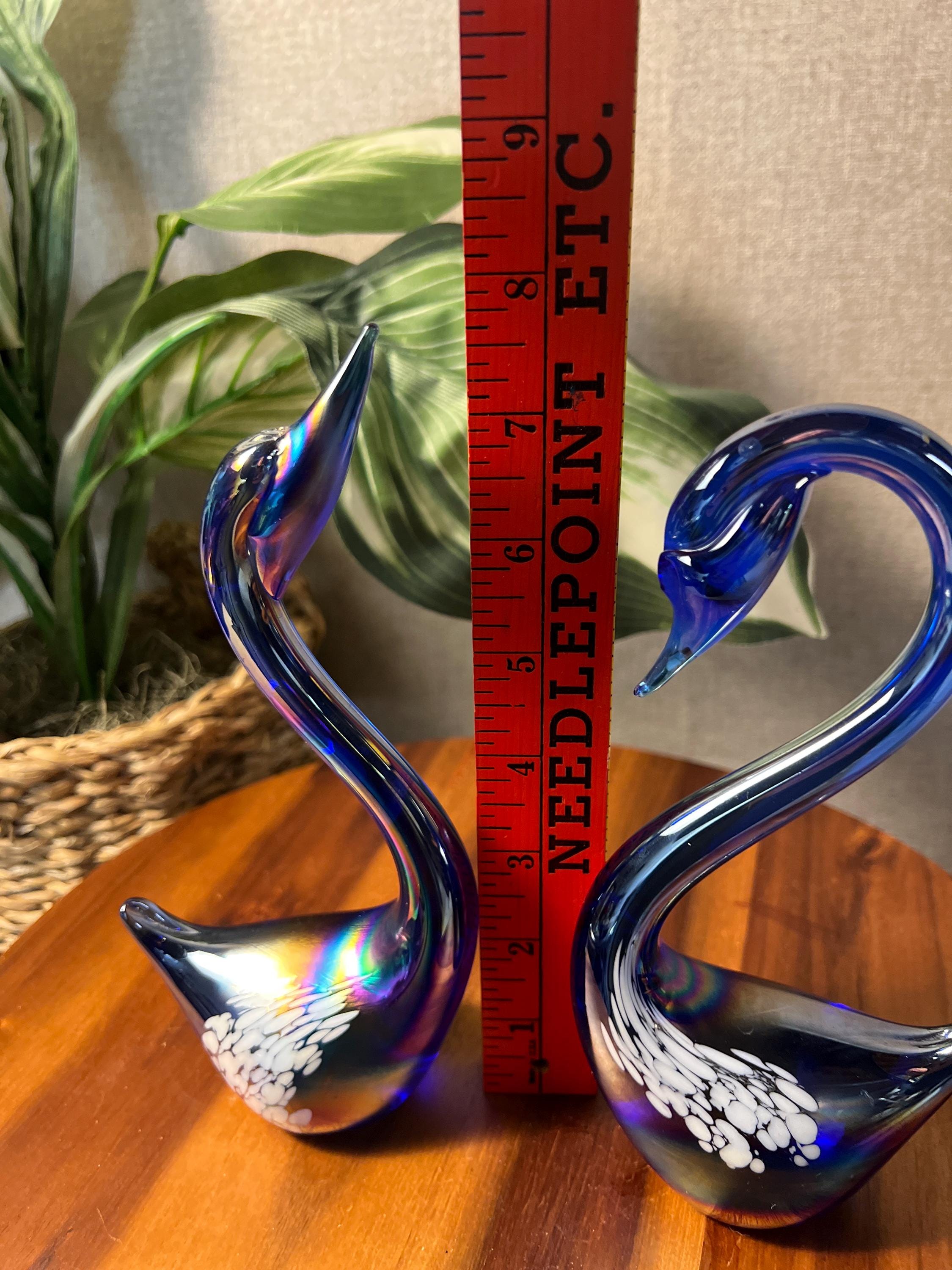 2 Vintage Art Glass Iridescent Cobalt Blue Swans Tall Swan  White Spots