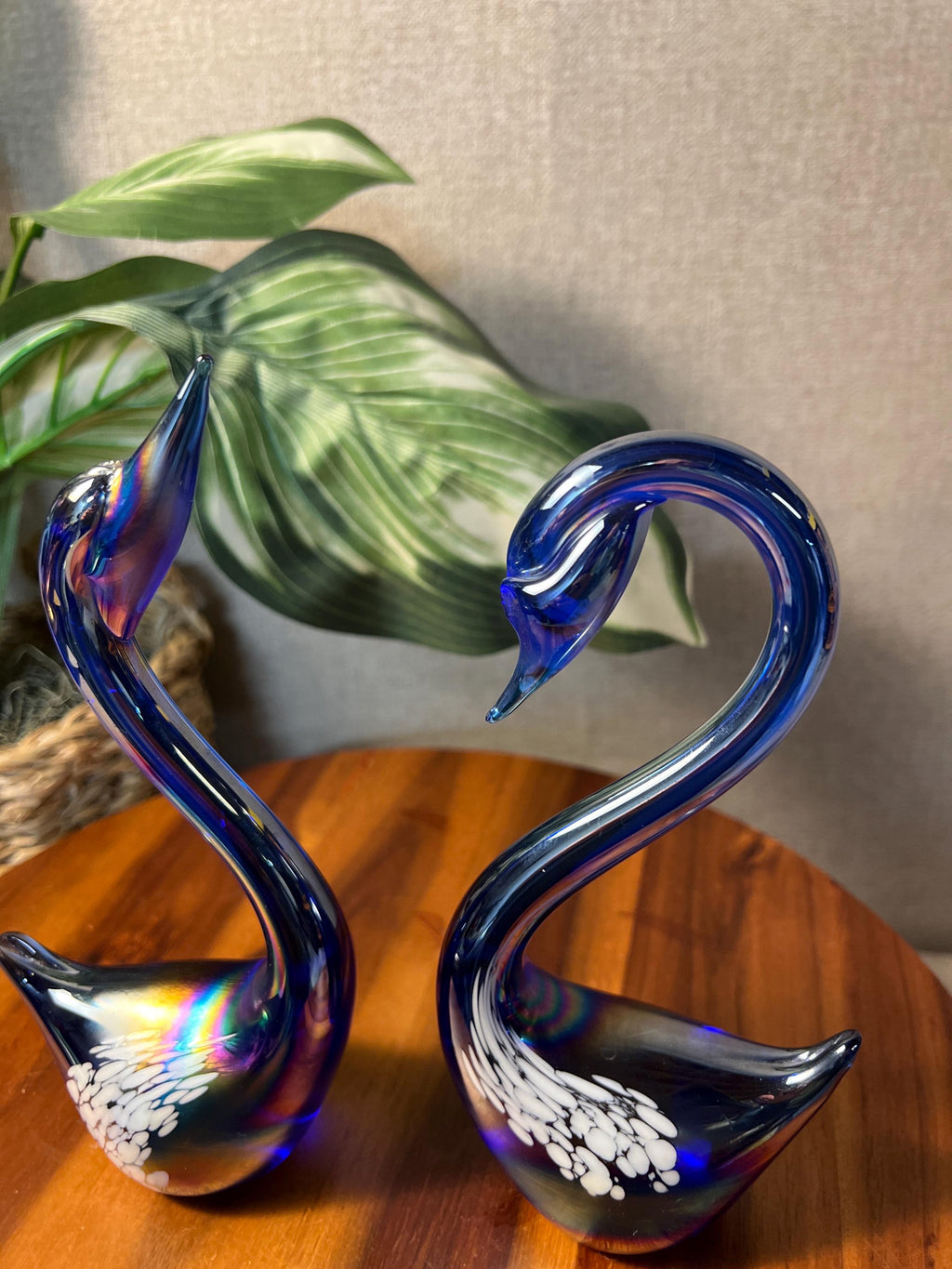 2 Vintage Art Glass Iridescent Cobalt Blue Swans Tall Swan  White Spots