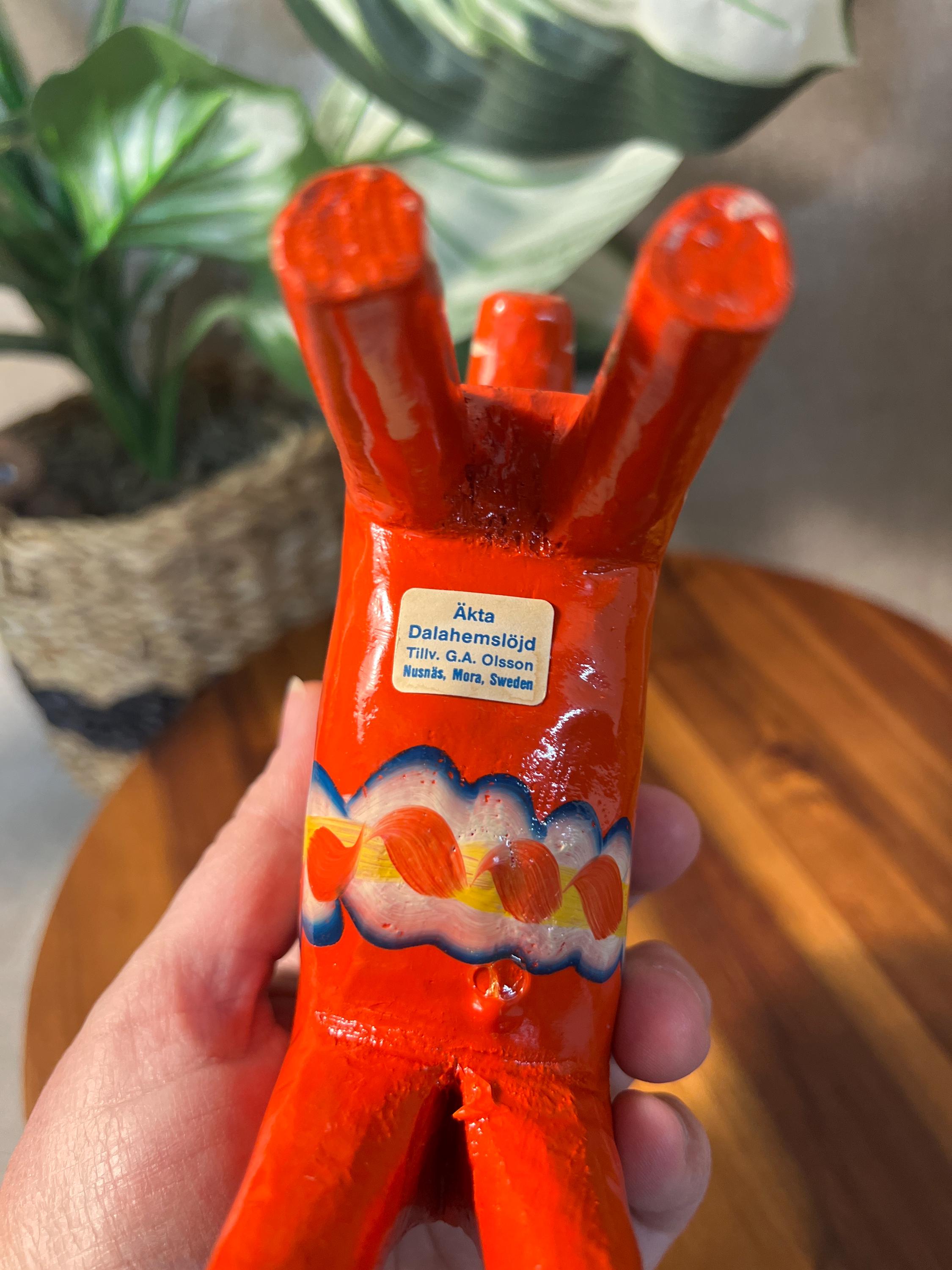 Vintage Olsson 6.5" Tall ORANGE Red DALA HORSE w/Original Label