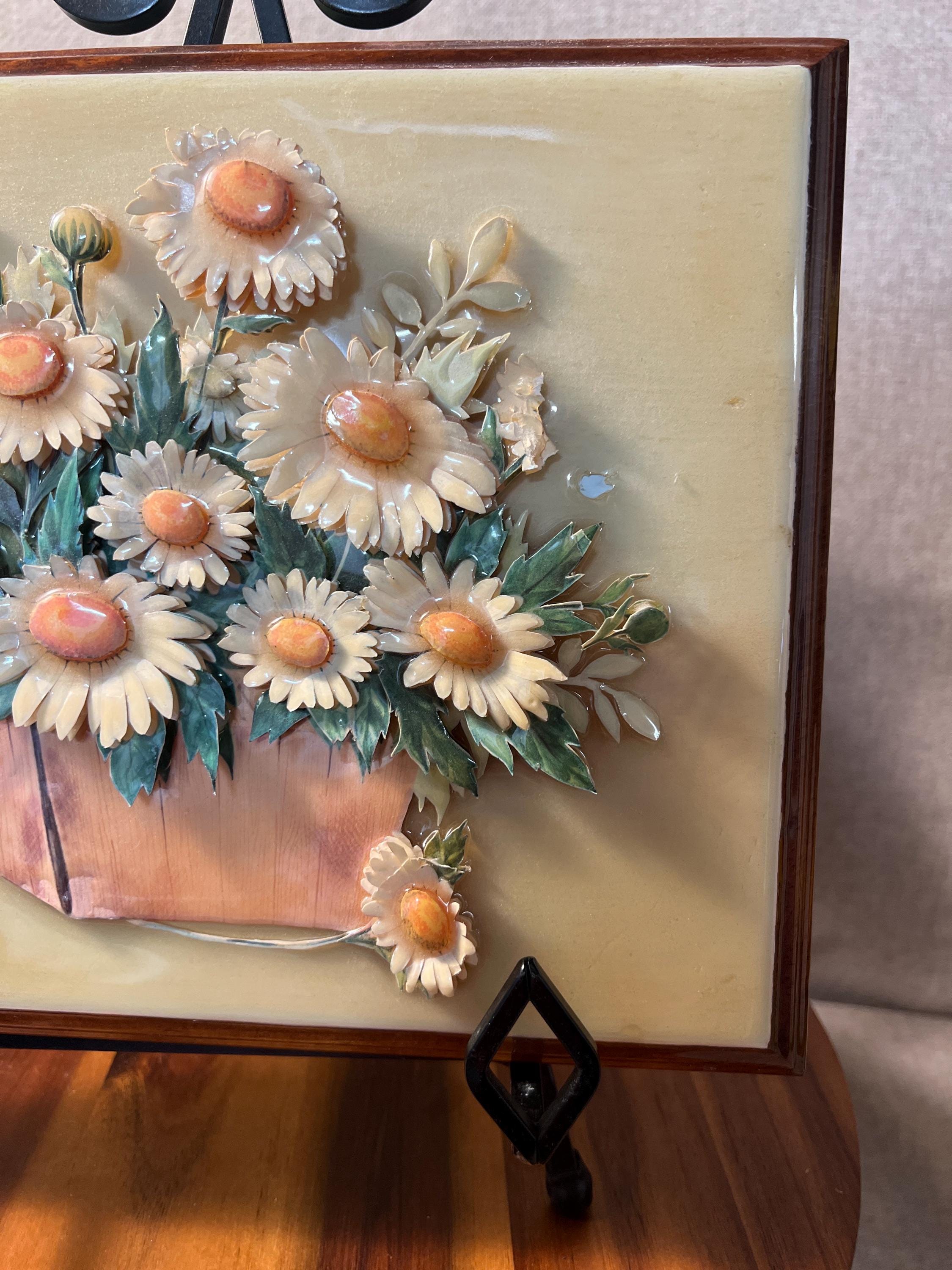1980s Daisy Paper Tole Framed  Artwork 3-D