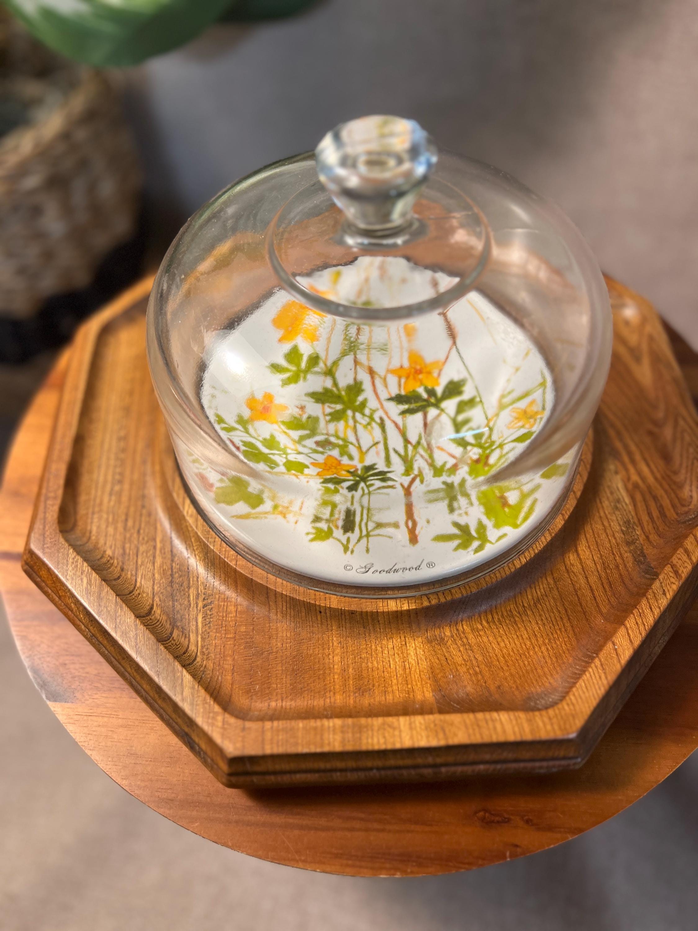 Vintage Cottage Core Goodwood Cheese Board With Glass Dome Lid 1970s Floral