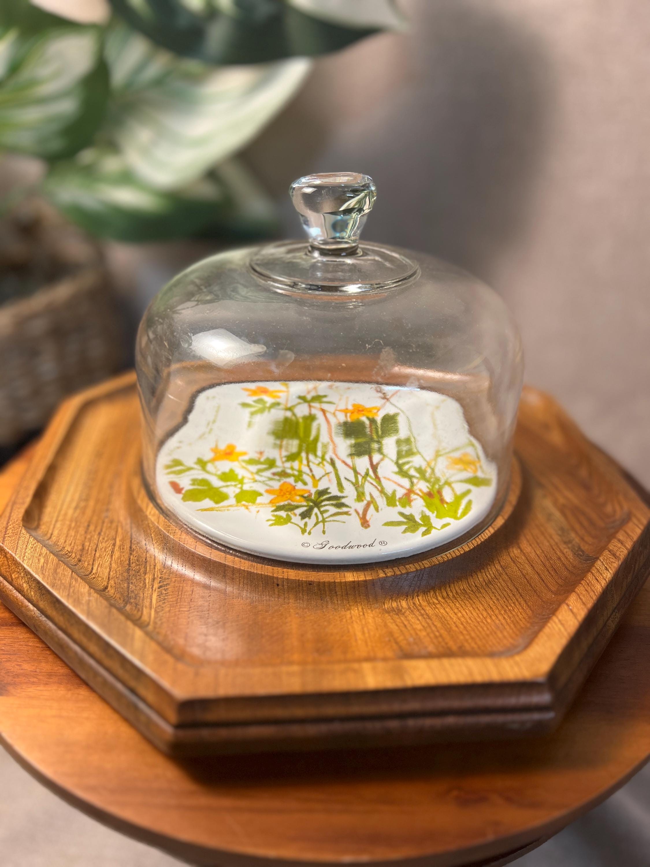 Vintage Cottage Core Goodwood Cheese Board With Glass Dome Lid 1970s Floral
