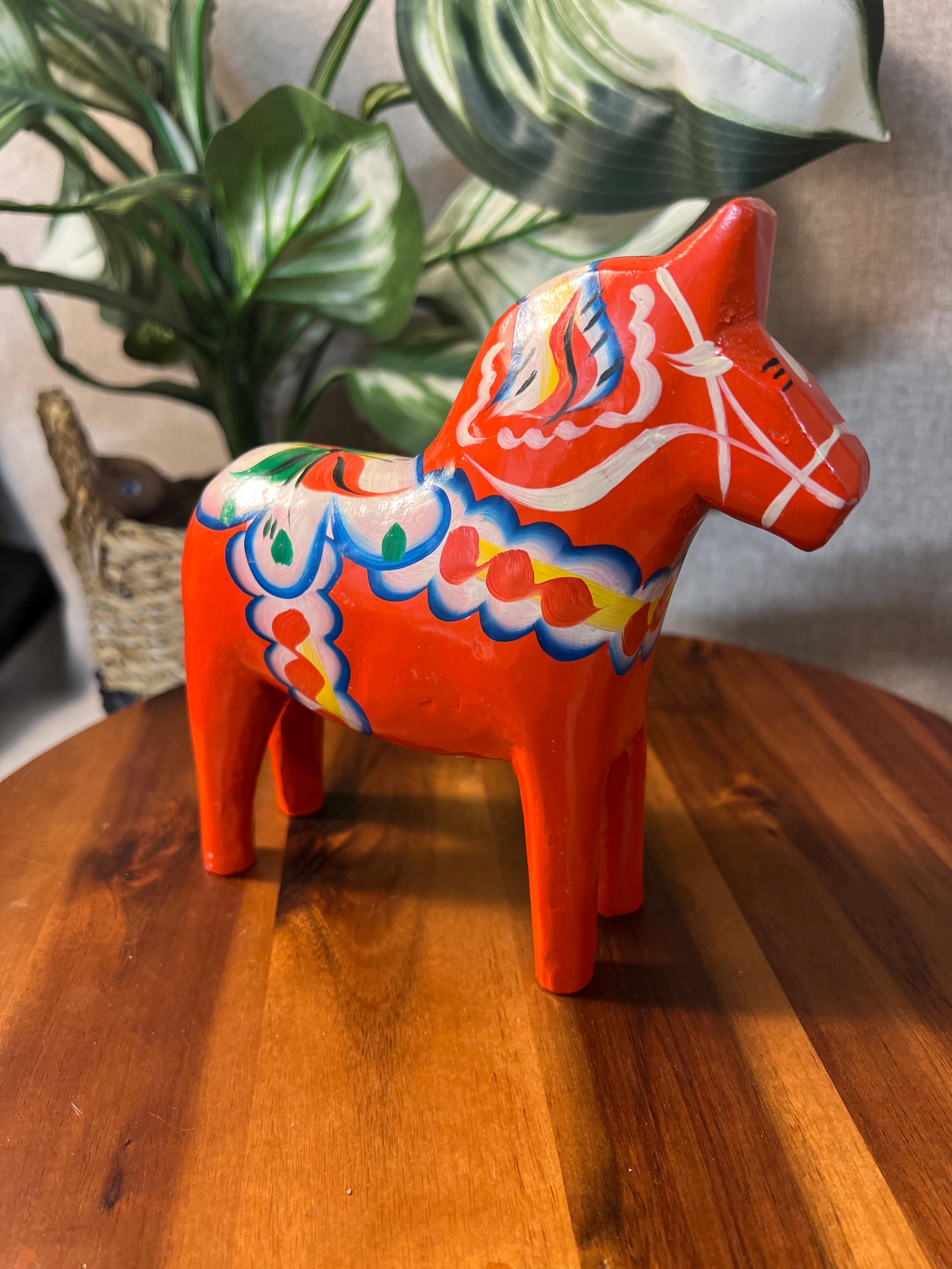 Vintage Olsson 6.5" Tall ORANGE Red DALA HORSE w/Original Label