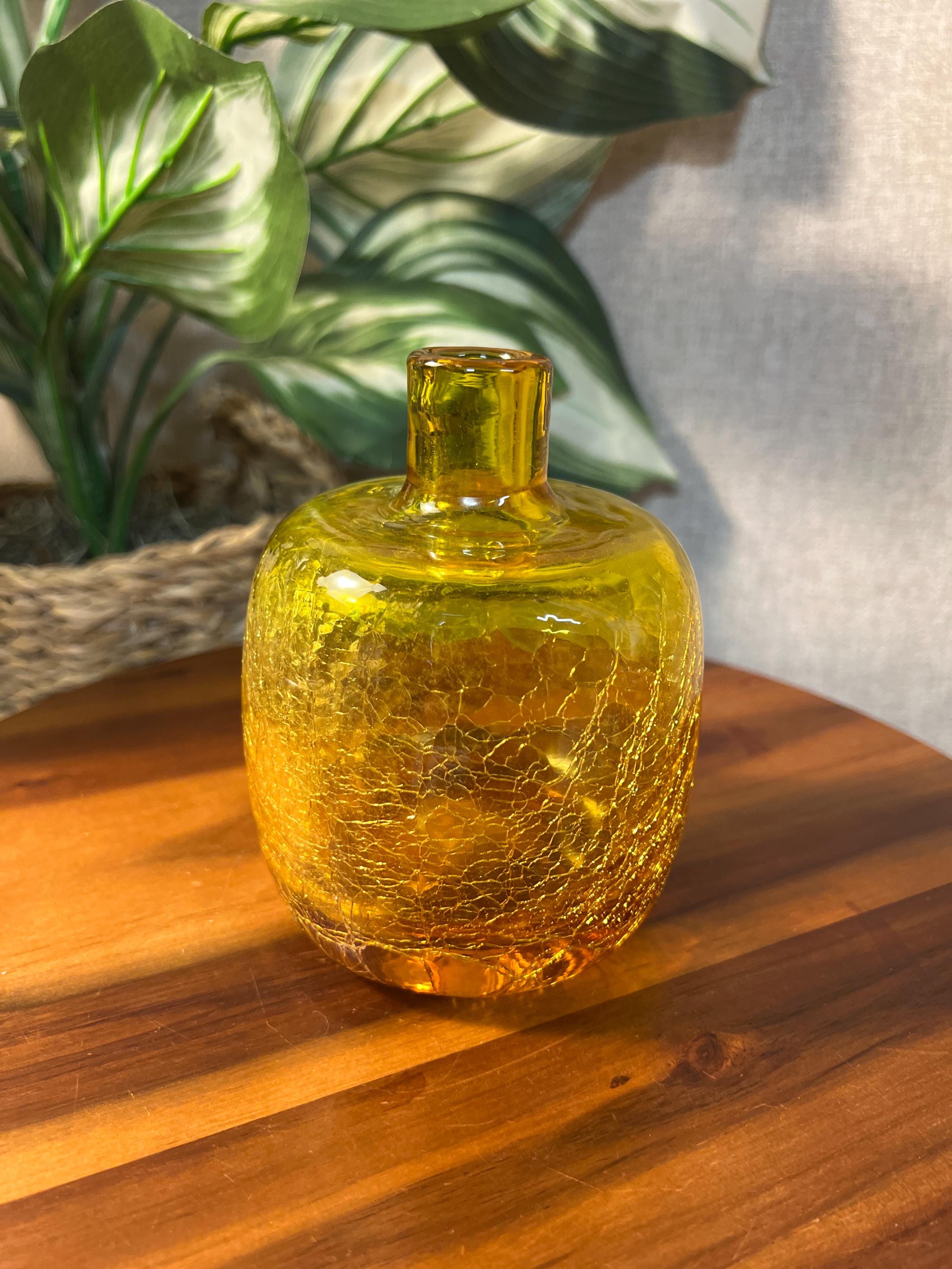 Blenko Yellow Crackle Glass Vase 6424 Joel Myers Vtg MCM