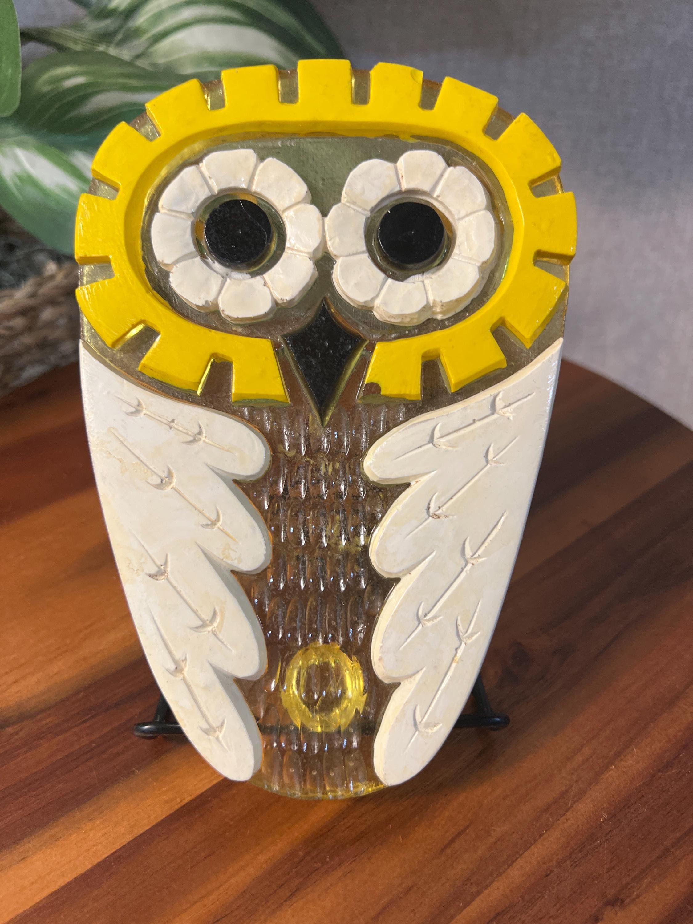 Vintage Yellow Lucite Owl Trivet / Spoon Rest Mid Century Modern