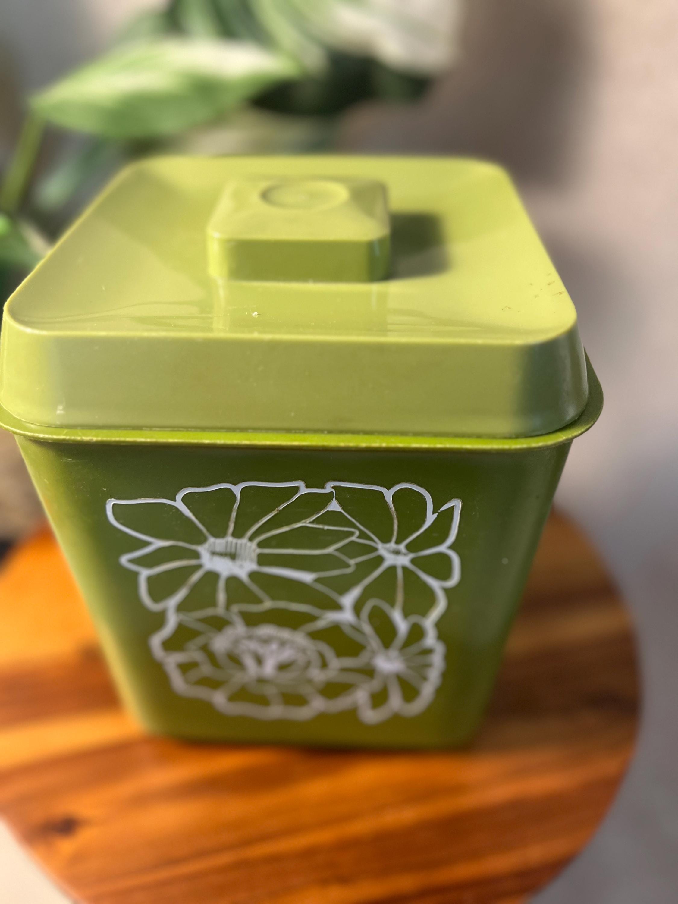 70s Vintage Avocado Green White Flowers Floral Plastic Nesting Canister