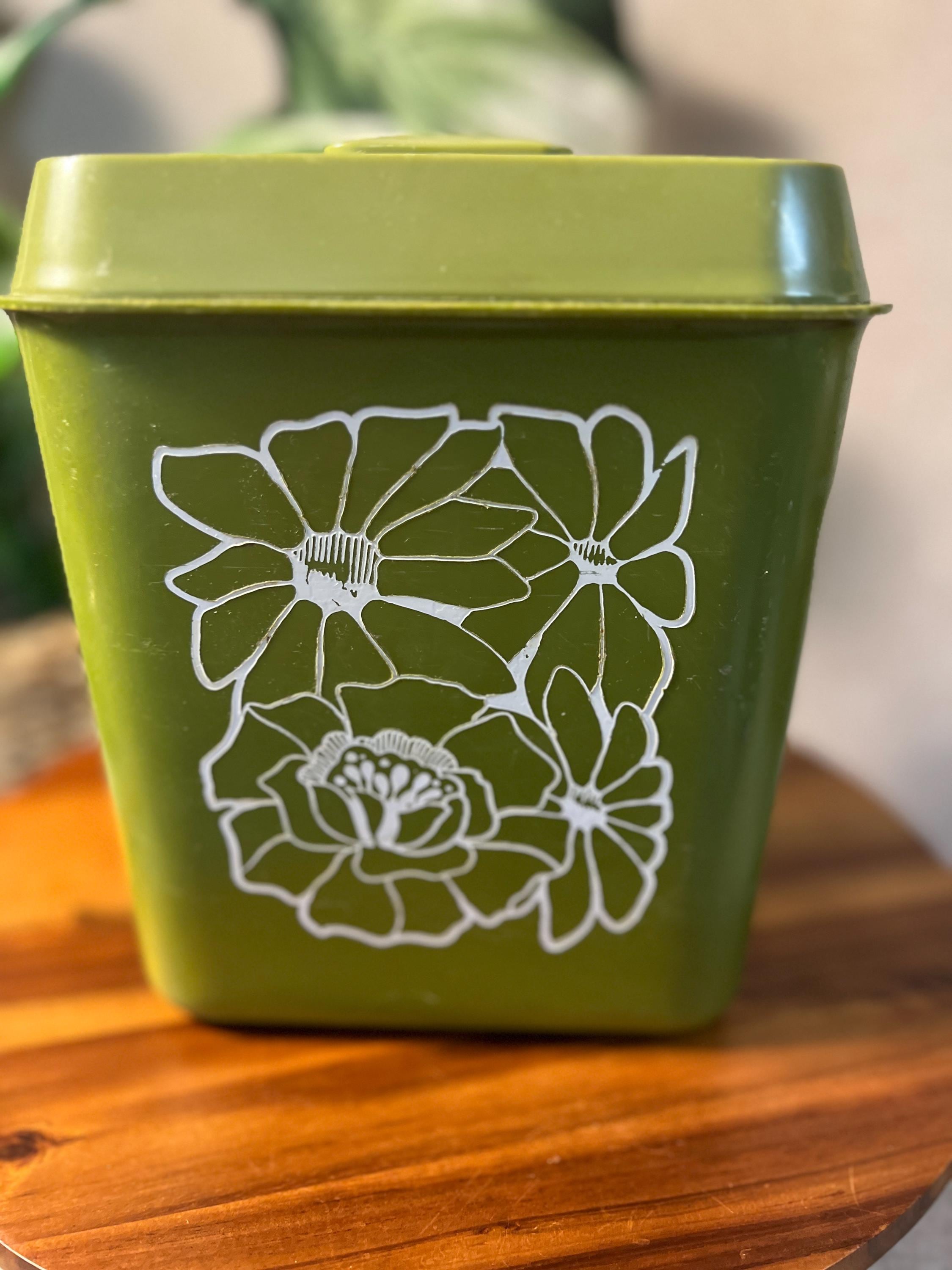 70s Vintage Avocado Green White Flowers Floral Plastic Nesting Canister