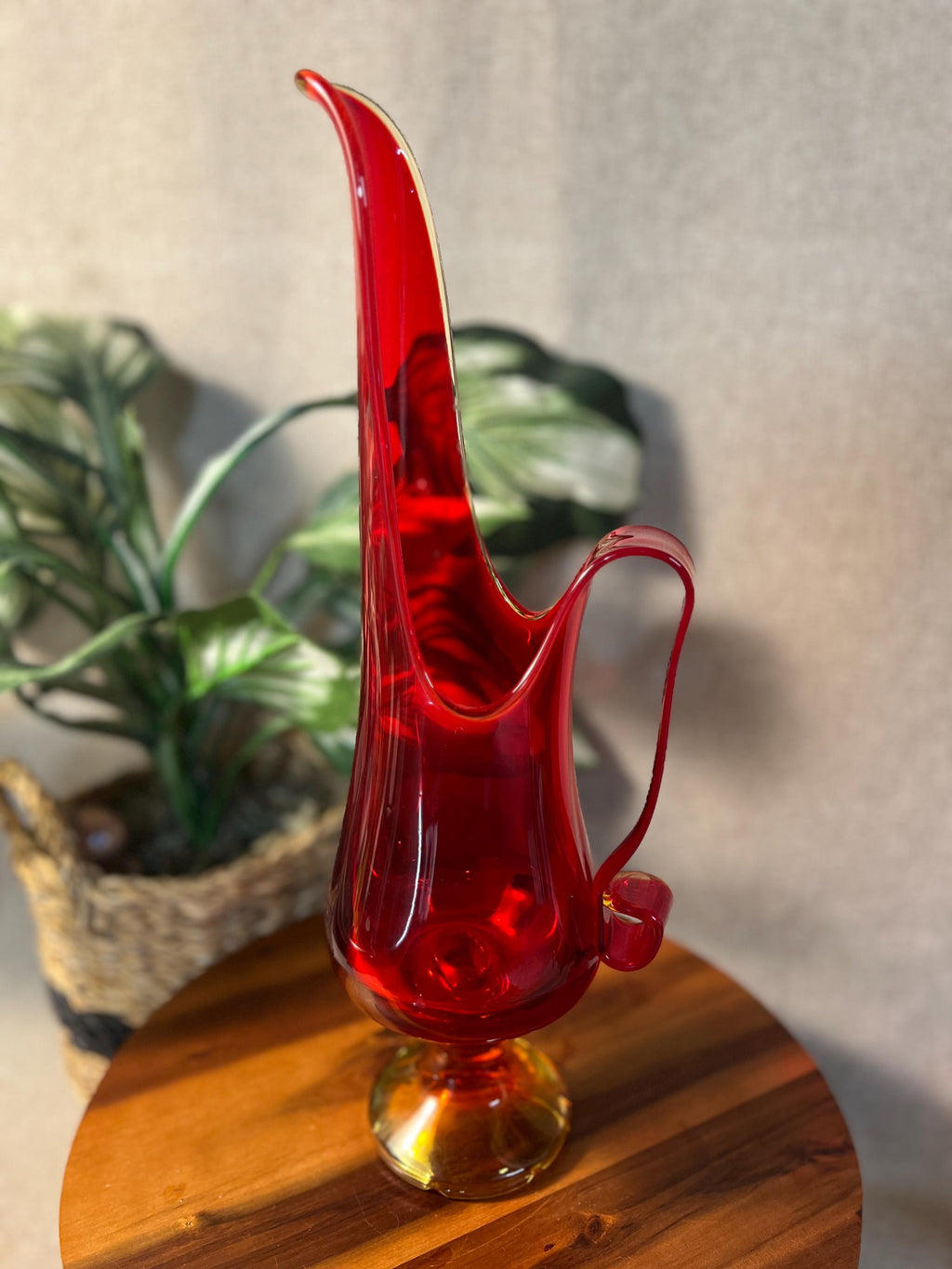 Amberina LE Smith Pedestal Swung Footed Glass Pitcher Vase MCM
