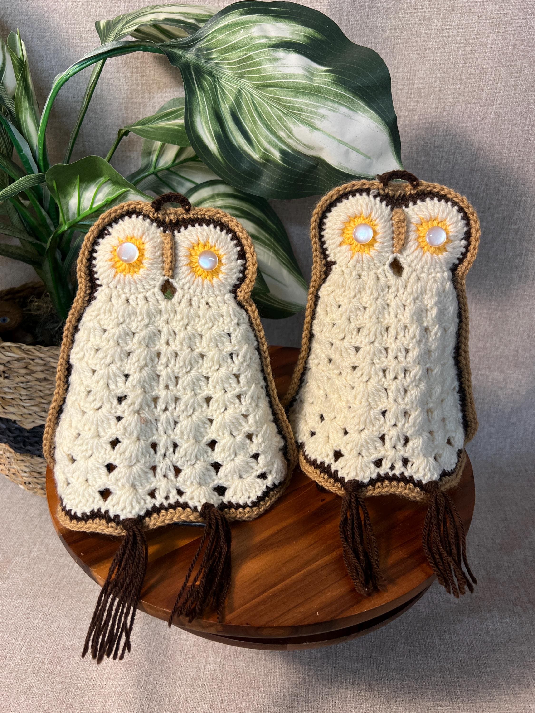 2  Handmade Crochet Pot Holders OWLS Trivet Kitchen Cottage Retro Seventies 70s